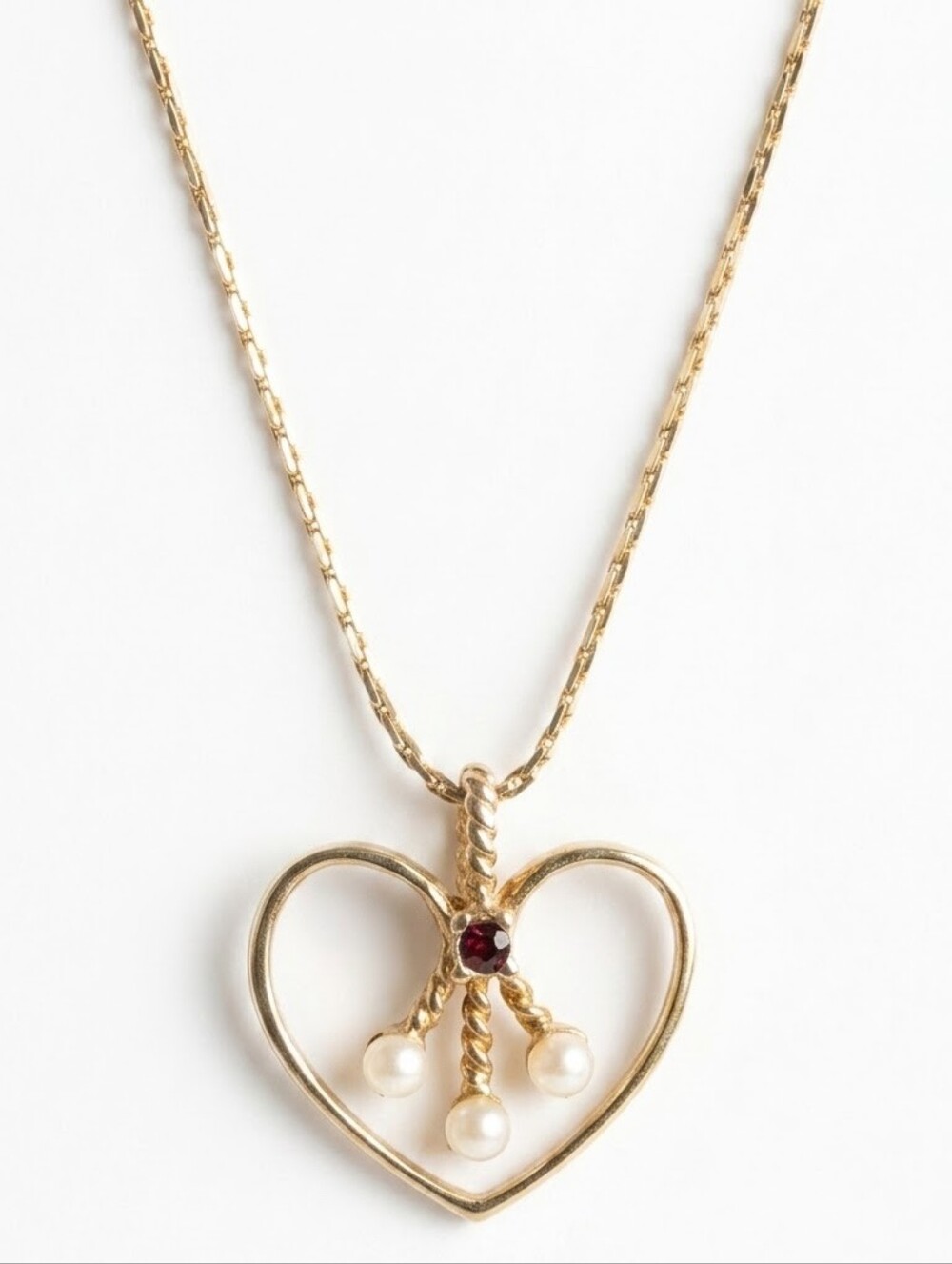 Vintage Avon Gold Tone Open Heart Pendant Necklace Faux Pearl Red Rhinestone
